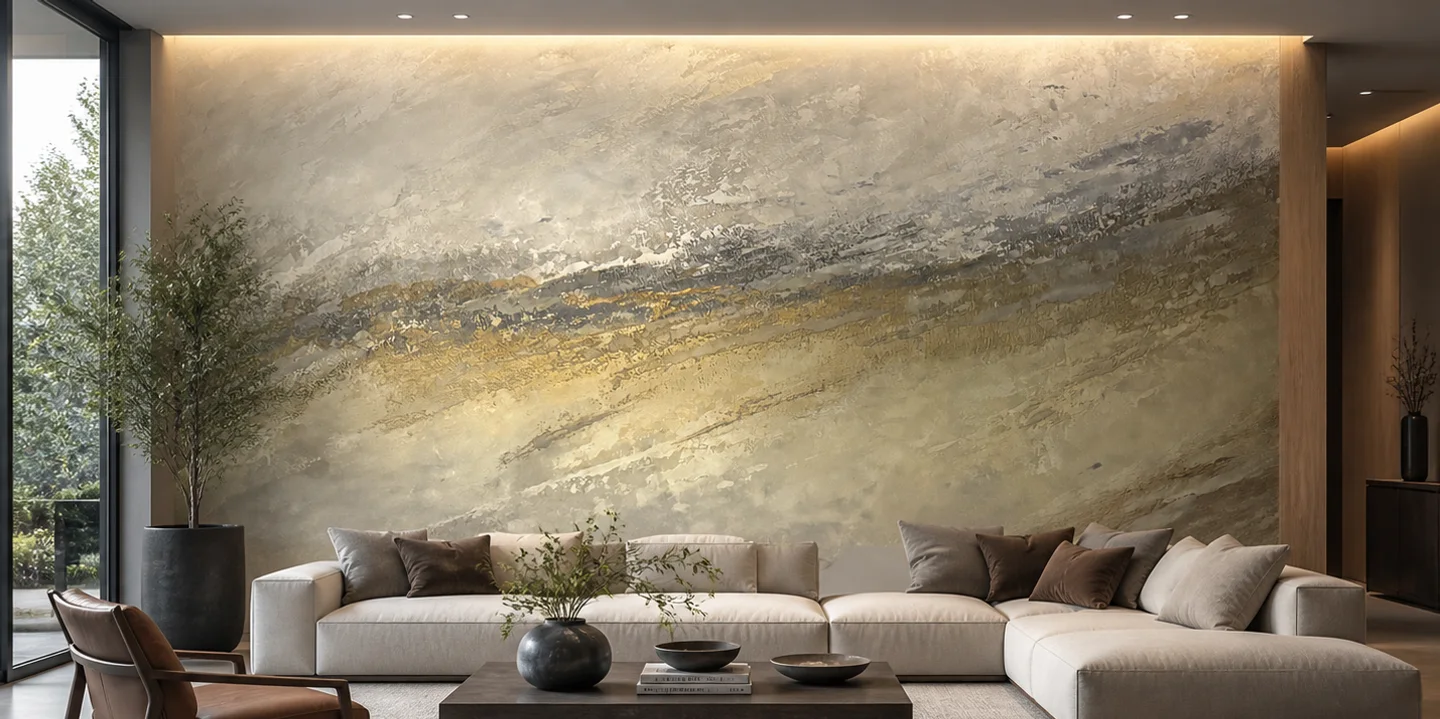 A full-width hand-applied plaster artwork in sweeping gold and grey across a living room wall, lit from a ceiling cove above a long pale sofa