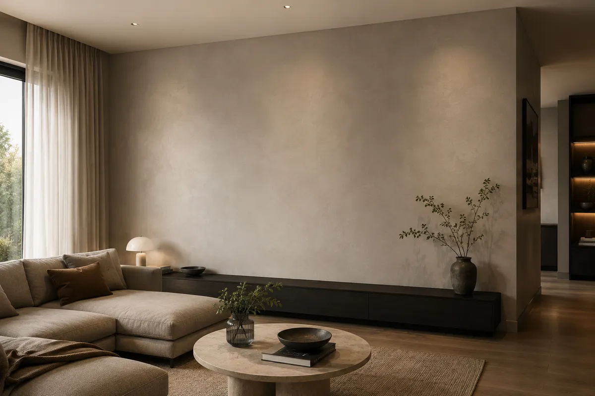 A single uninterrupted microcement wall running the length of a living room